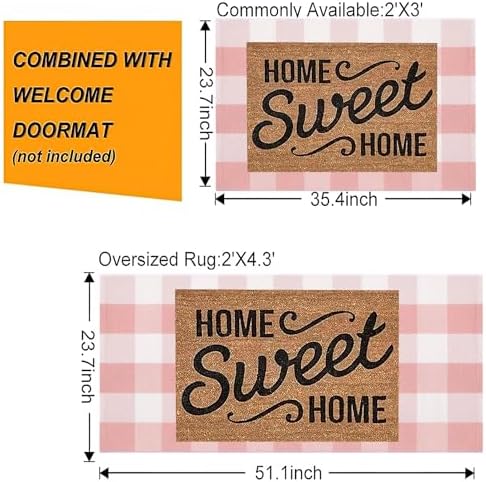Pink and White Outdoor Rug 24"x51" Washable Buffalo Plaid Front Porch Rug - Image 3