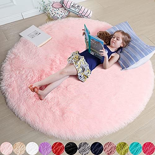 Amdrebio Pink Circle Round Fluffy Area Rug 4Ft for Girls Bedroom Kids Room by Amdrebio