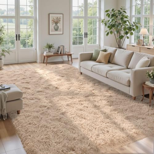 9x12 Area Rugs for Living Room Fluffy Neutral Beige,Modern Plush Non-Slip Soft Bedroom Shag Carpet for Book Room Office,Coffee Stain Resistant - Image 2