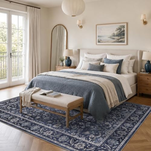 Washable 6x9 Bedroom Non-Slip Area Rug Boho Denim Blue Large Carpet - Image 4