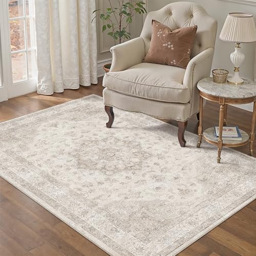 PureCozy Beige 3x4 Washable Area Rug Vintage Oriental Medallion Doormat by PureCozy