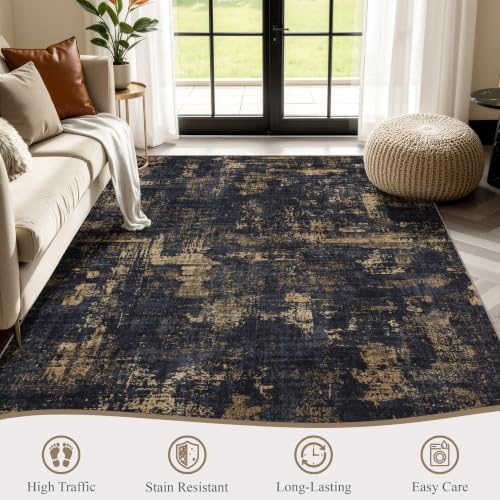 Sasttie 5x7 Washable Area Rug, Modern Abstract Carpet, Black & Gold - Image 2