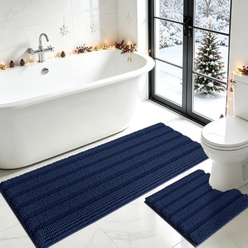 ACCUMTEK Striped Navy Blue Toilet Bathroom Rug Mat Set 2 piece Rug Ultra Soft, Non Slip Chenille Bath Rugs, Absorbent Plush Shaggy Bath Mats for Bathroom, Bedroom, Kitchen, Shower, Tub by ACCUMTEK