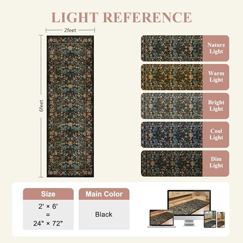 DUKINO 2x6 Runner Rug, Washable Vintage Floral Kitchen Rug, Black - Image 2