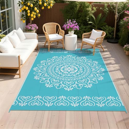 Pauwer Outdoor Rug 5x8, Waterproof Plastic Straw Camping Rug, Floral Teal by Pauwer