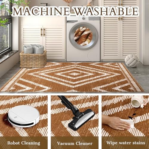 Boho Washable Rugs 5x7ft Non Slip, Low Pile Area Rug for Living Room, Brown Moroccan Bedroom Carpets, Non Shedding Soft Floor Carpet for Dining Room Bathroom Nursery Kitchen Office - Image 6