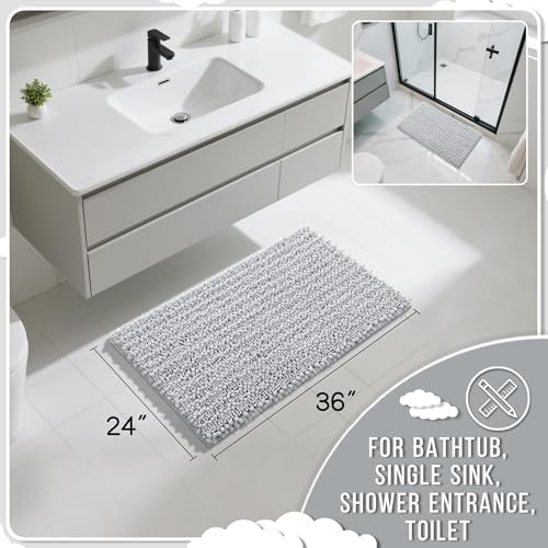 Yimobra Large Bathroom Rugs Non Slip Washable 36x24 Inch - Ultra Soft Absorbent Chenille Bath Mat, Quick Dry Shaggy Floor Carpet for Tub Shower, Light Gray Home Decor Accessories - Image 2