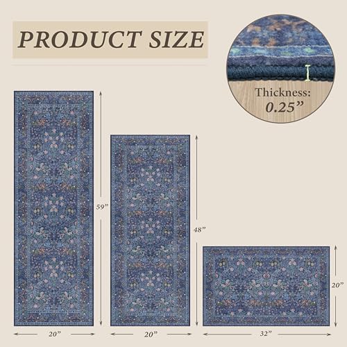 JTJ Kitchen Rugs Set of 3, Blue Vintage Kitchen Mats, Washable Runner - Image 2