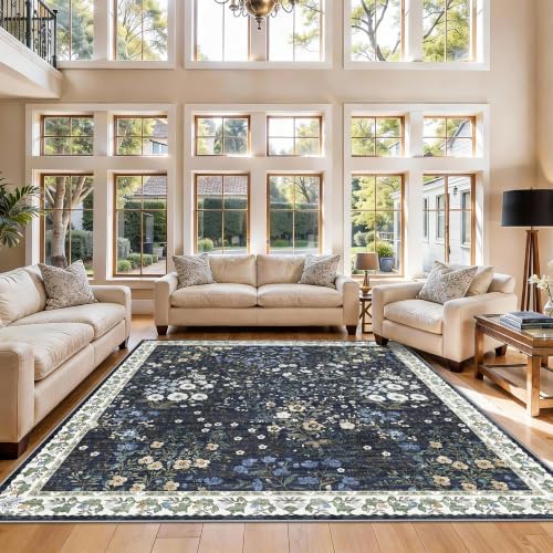 7x7 Vintage Floral Dining Room Rug - 7ft Square Low Pile Non Slip Machine Washable Area Rug, Indoor Carpet for Under Table/Bed Living Room Bedroom Office Nursery Entryway Playroom (7ft Square, Green) by YOUFORTONG