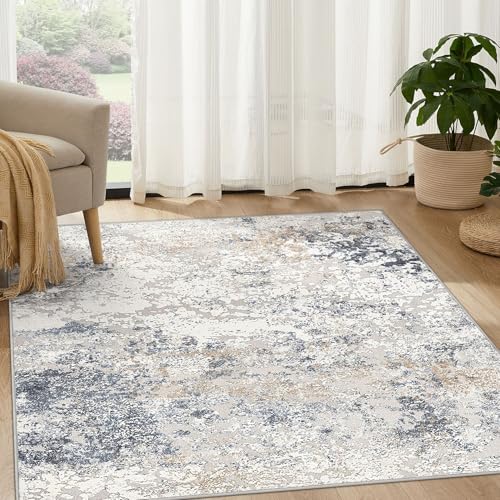 DMOYEST Square Area Rug Living Room Rugs - 5x5 Washable Large Soft Indoor Neutral Modern Abstract Low Pile Rug Carpet for Bedroom Dining Room Farmhouse Home Office - Beige Blue by DMOYEST