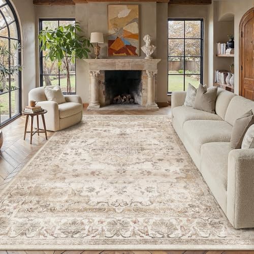 PureCozy Brown Area Rug 9x12 Living Room Vintage Floral Non-Slip Carpet by PureCozy