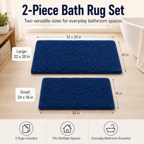 Non Slip Washable 2 Piece Extra Absorbent Shaggy Chenille Bathroom Rugs and Mats Sets, Soft & Dry Bath Rug/Mat Sets for Bathroom Washable Carpets Set Navy Blue Blue - Image 2