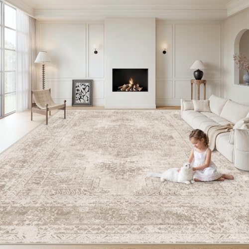 XLUEZ Area Rug 10x14 Living Room Rug, Machine Washable Vintage Distressed Medallion Rug Non-Slip Soft Low Pile Large Indoor Rugs for Bedroom Kitchen Dining Room Office(Brown,10'x14') by XLUEZ