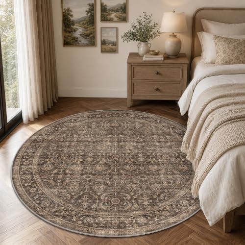 JOOJA 6x6 Dark Brown Vintage Low Pile Washable Boho Round Living Room Rug - Image 2