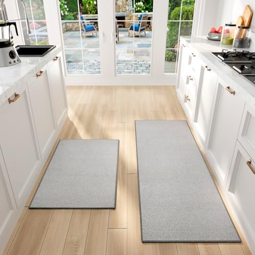 SUMLANS Kitchen Mat Set of 2 PCS, Cushioned Non Slip Rugs for Kitchen Floor, Absorbent Runner Comfort Standing Mats Washable for Kitchen, Office, Home (Grey-Velvet, 17.3"x47"+17.3"x30") by SUMLANS