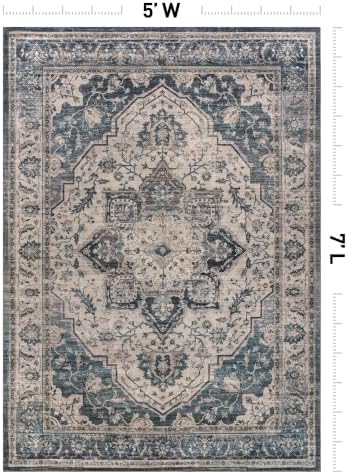 Rugshop Vintage Medallion Machine Washable Non-Slip Area Rug, 5'x7' Blue - Image 2
