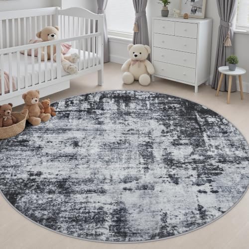 Round Area Rug Living Room: 8 ft Modern Washable Carpet Dark - Image 5