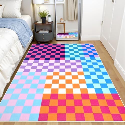 Terrug Multicolored Checkered Rug for Bedroom, 3x5 Washable Area Rugs by TerrugHomeDecor