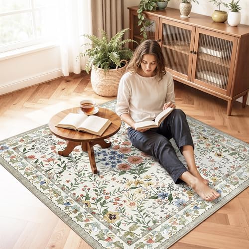 4x4 Square Entry Rug Foyer Entryway: Non-Slip Floral Washable Rugs for Indoor Floor Living Room Kitchen Bedroom - Soft Thin Doormat Carpet Boho Vintage Home Decor (4ft Square, Beige) - Image 5