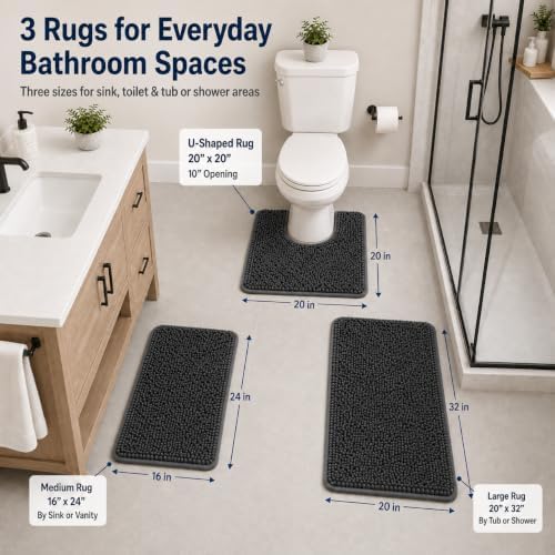 Bathroom Rugs Set Non Slip 3 Piece Bath Mat Washable Chenille Bath Rugs with PVC Backing Bath Carpet,Absorbent Bathroom Mats with Toilet Rug,Bath Mats for Bathroom,Bedroom, Kitchen,Tub,Home Decor - Image 3