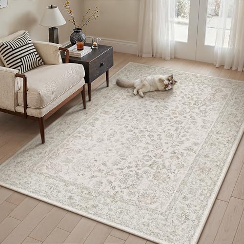 PureCozy 4x5 Beige White Area Rug Washable Non Slip Vintage Carpet by PureCozy