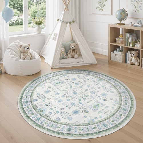 DCX Washable 4x4 Round Area Rug, Blue Green Vintage Oushak Floral - Image 2