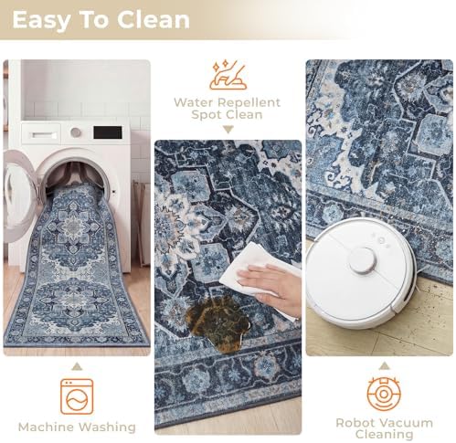 3 Piece Kitchen Rugs Sets with Runner, Washable Non Slip Soft Boho Kitchen Mats, Low Pile Stain Resistant Carpet for Hallway, Laundry Room, Entryway, Home Decor (20"x32"+20"x48"+20"x59", Navy Blue) - Image 3