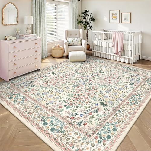 6x6 Square Area Rugs, Machine Washable Low Pile Floral Rugs for Living Room, Bedroom, Large Boho Area Rug with Non-Slip Backing for Dining Room(Pink Floral) - Image 5