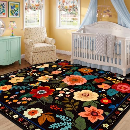 RELEANY Floral Washable Square 5ft Area Rug Black - Image 6