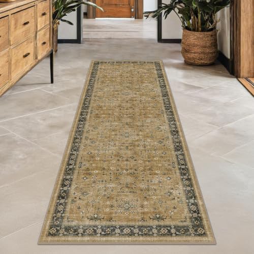 Hazo Haus Boho 2x7 Runner Rug for Hallway, Washable Runner Rug for Kitchen, Non-Slip Low-Pile Washable Stain Resistant, Vintage Rustic Brown and Charcoal Olive Décor - Image 6