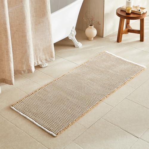 TYUU Waffle Runner Rug Bathroom, Long Boho Bath Mat, 60x24 Khaki & White by TYUU