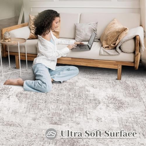 XLUEZ Area Rug 6x9 Living Room Rug, Machine Washable Vintage Distressed Medallion Rug Non-Slip Soft Low Pile Large Indoor Rugs for Bedroom Kitchen Dining Room Office(Grey,6'x9') - Image 4
