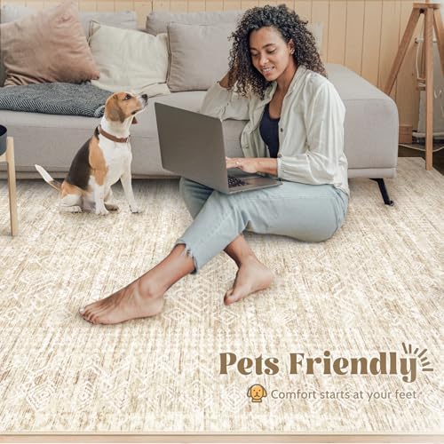 Washable Area Rug 5x7: Moroccan Rug for Living Room Geometric Boho Rug Farmhouse Non Slip Stain Resistant Rugs Low Pile Soft Carpet for Bedroom Dining Room Home Office Children Room (Beige,5'x7') - Image 5
