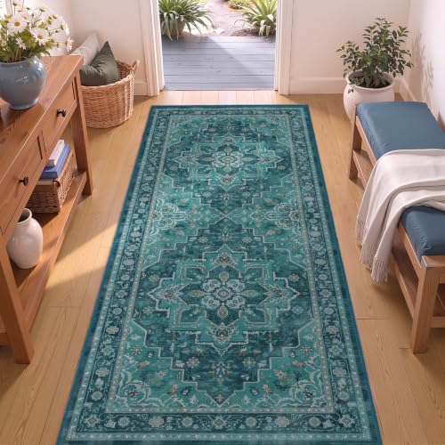 Washable Hallway Runner Rug 3'x6', Vintage Medallion, Boho Teal - Image 4