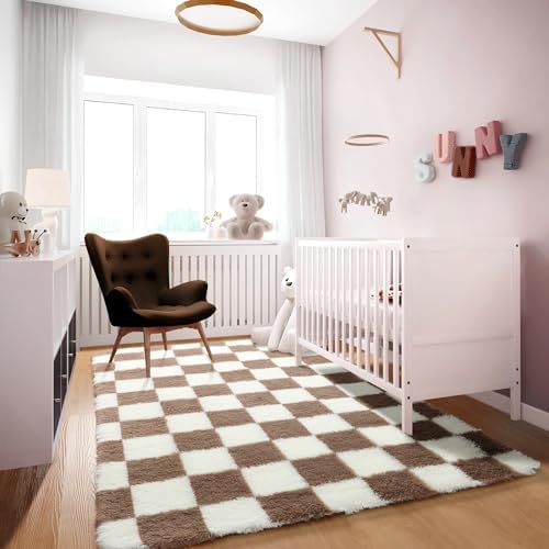 KICMOR 4x6 Brown and Cream White Area Rugs for Bedroom, Fluffy Shag Shaggy Fuzzy Checkered Living Room Rug, Soft and Comfy Bedside Carpet, Furry Plush Rug for Kids Room Nursery Home Decor Aesthetic - Image 5