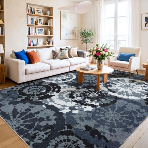 Large Boho Modern 9x12 Area Rug, Black White Low-Pile Washable Rug - Image 5