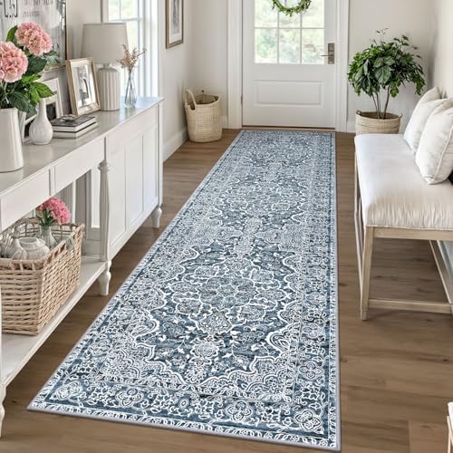 KUTA Vintage Runners for Hallways 2.6x10 Blue White Washable Kitchen Rug by KUTA
