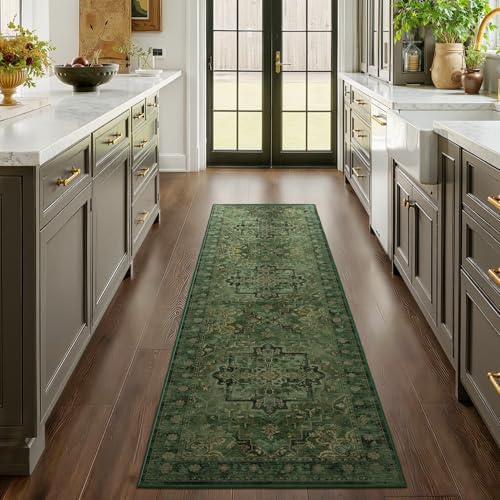 Green Medallion 3x7 Hallway Runner Rug, Washable Non Slip Runners for Kitchen Floor, Low Pile Thin Distressed Vintage Runner Carpet for Entryway/Mudroom/Foyer/Bathroom/Bedroom - Image 3