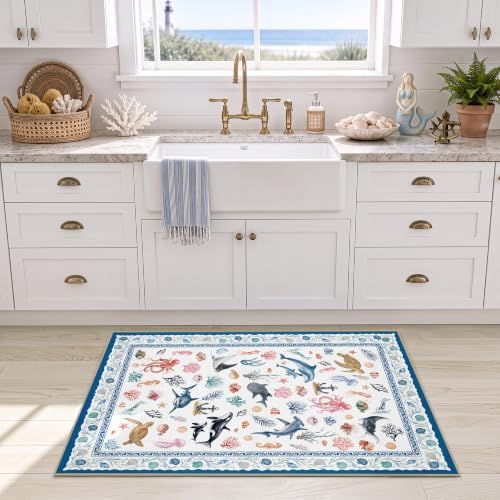 Arenarug Coastal Ocean Rug 2x3 Washable Entryway Rug Door Mat, Ivory Blue - Image 2