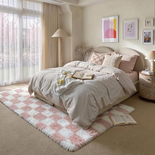 PureCozy Pink Area Rug 7x10 for Living Room Soft Checkered Shag Carpet - Image 3
