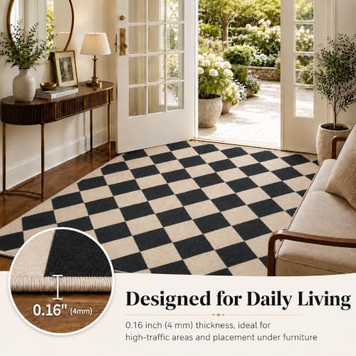 2x3 Checkered Area Rug for Living Room, Soft Low Pile Black & Taupe rugs - Image 5