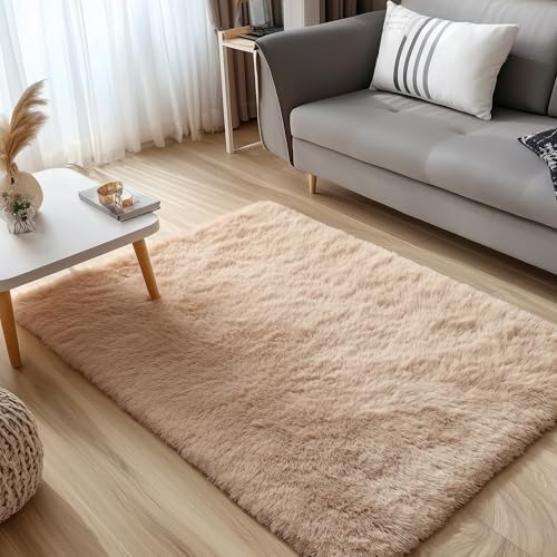 OLANLY 3x5 Machine Washable Small Bedside Rug, Soft Fluffy Shaggy Rugs for Living Room, Bedroom, Indoor Floor Carpet for Kids Girls and Boys, Preppy Dorms, Nursery, Home Decor Aesthetic, Beige - Image 3