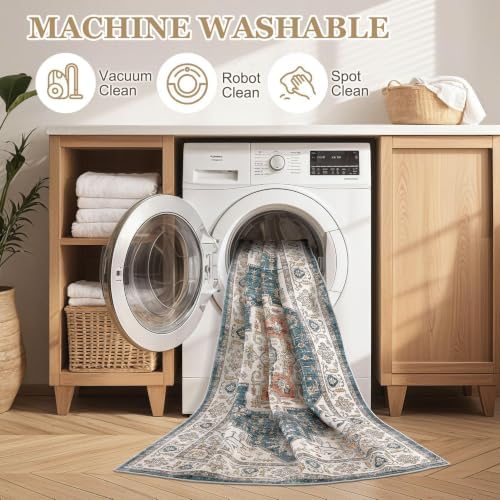 7x10 Area Rug: Washable Vintage Soft Blue Rugs for Living Room - Image 5
