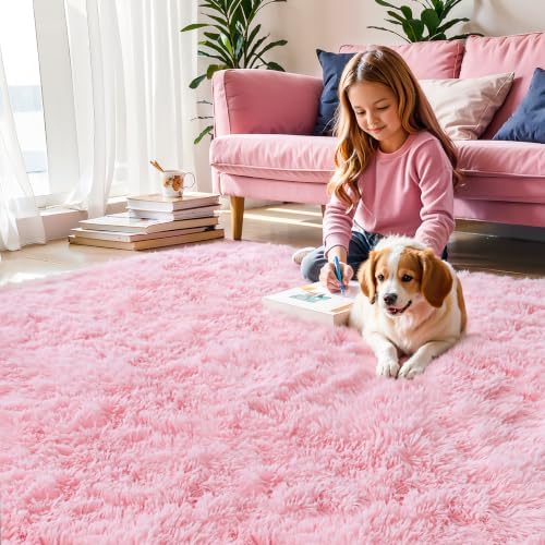Pink Fluffy Shag Rug, 2'x3', Machine Washable Non Slip Kids Throw Carpet - Image 2