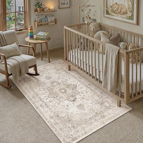 PureCozy Taupe 4x5 Washable Area Rug Living Room Vintage Oriental Carpet - Image 3