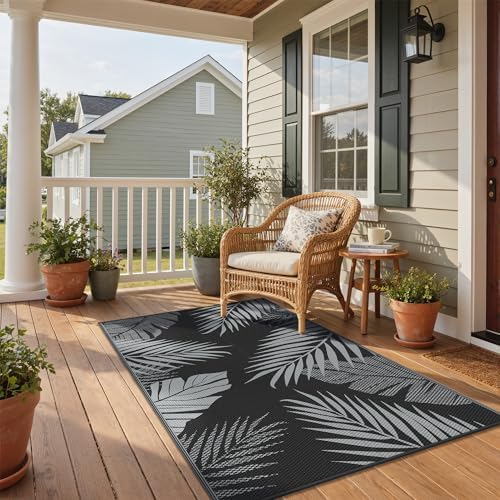 GENIMO Outdoor Rug 3'x5' Waterproof for Porch, Plastic Door Mat Black Grey - Image 3