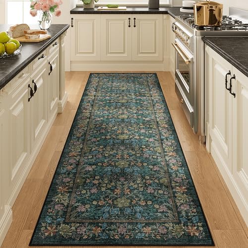 DUKINO 2.6x8 Runner Rug, Washable Vintage Floral Kitchen Rug, Blue by DUKINO