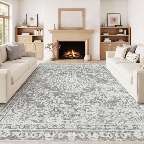Vintage Living Room Area Rug - 9x12 Large Machine Washable Boho Area Rug Distressed Floral Rugs for Bedroom, Soft Non-Slip Indoor Floor Accent Rugs for Office Dining Room (Floral Grey, 9'x12') - Image 3