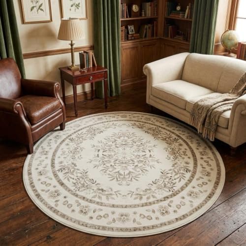 GarveeHome 6ft Floral Round Rug for Living Room Beige Floral Bordered by GarveeHome