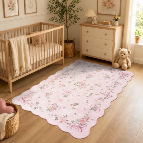 Wonnitar Pink Bow Floral Bedroom Rug, 4x6 Area Rug for Baby Girl Nursery - Image 5